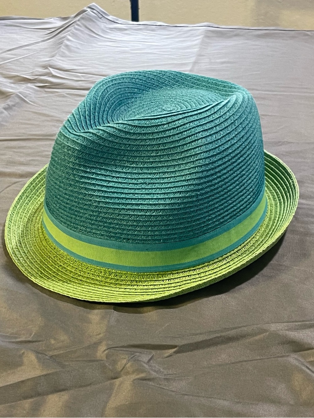 Teal and Lime Straw Fedora Hat with Contrast Band